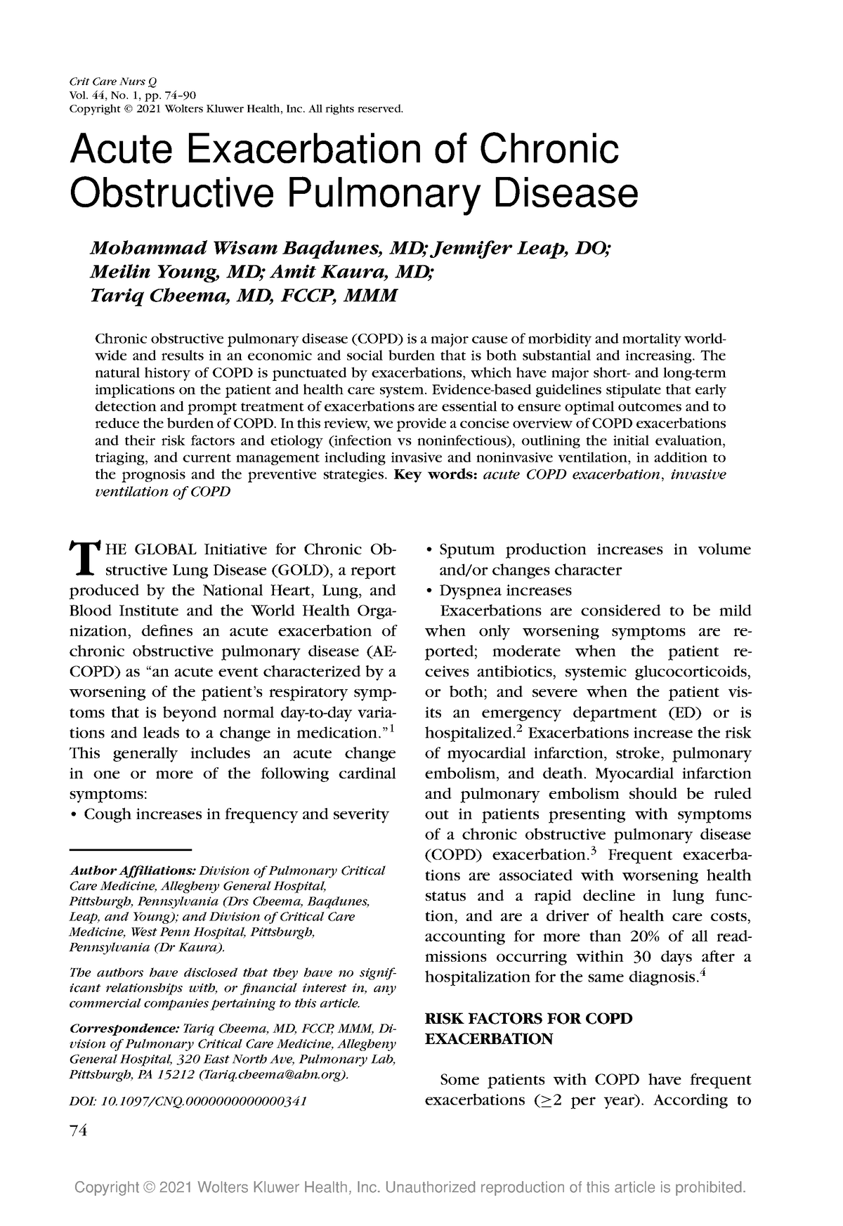 COPD Article - Crit Care Nurs Q Vol. 44, No. 1, pp. 74– Copyright ...