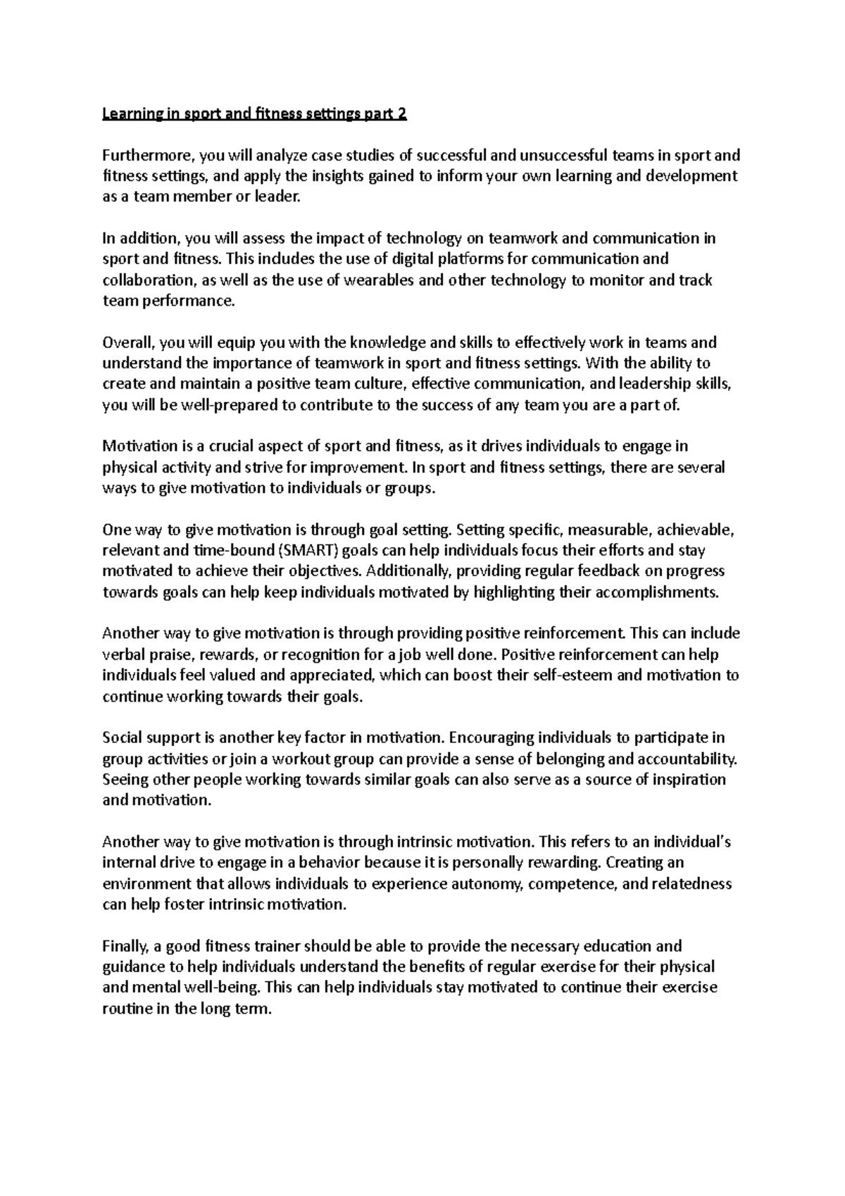 Learning in sport and fitness settings part 2 - In addition, you will ...