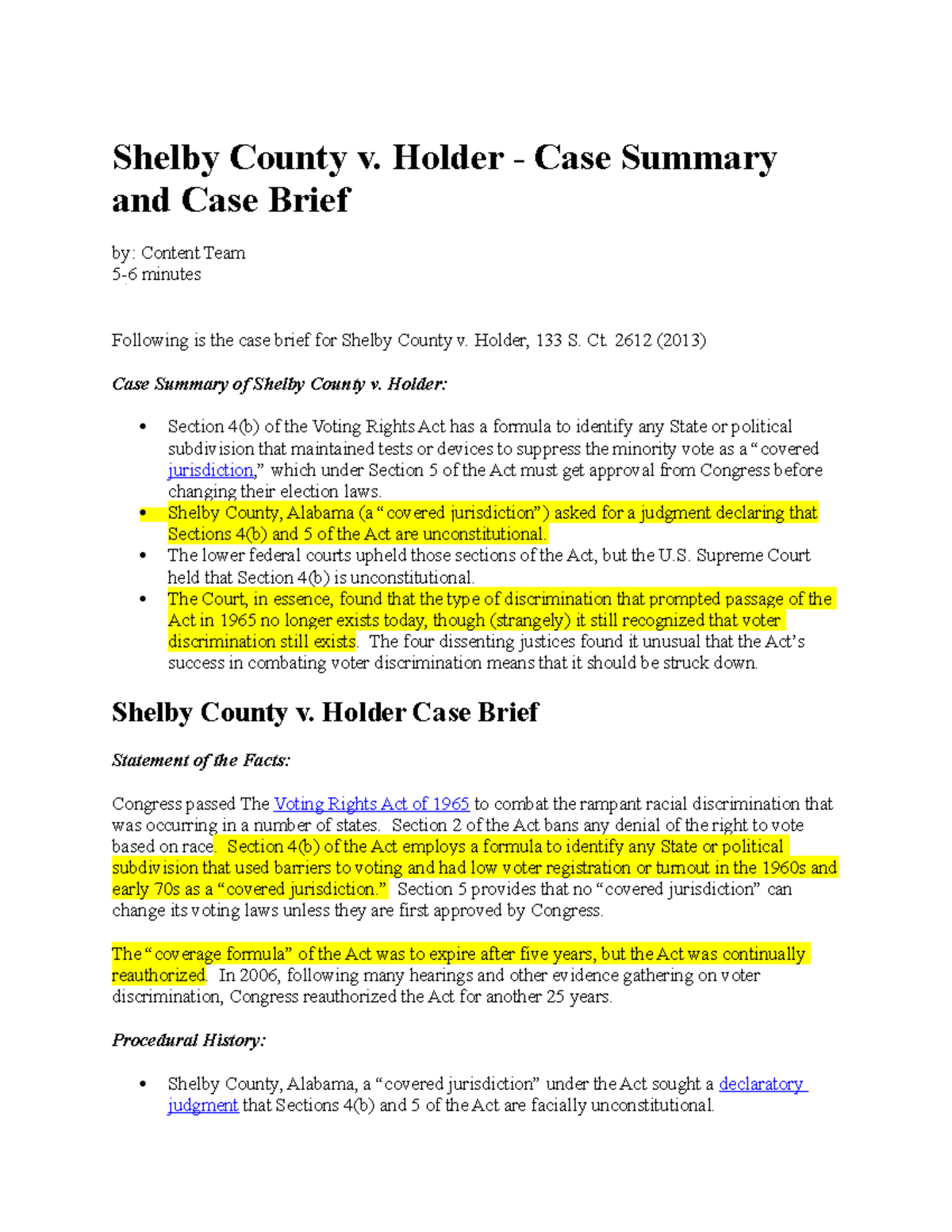 Shelby County Article Shelby County v. Holder Case Summary and Case