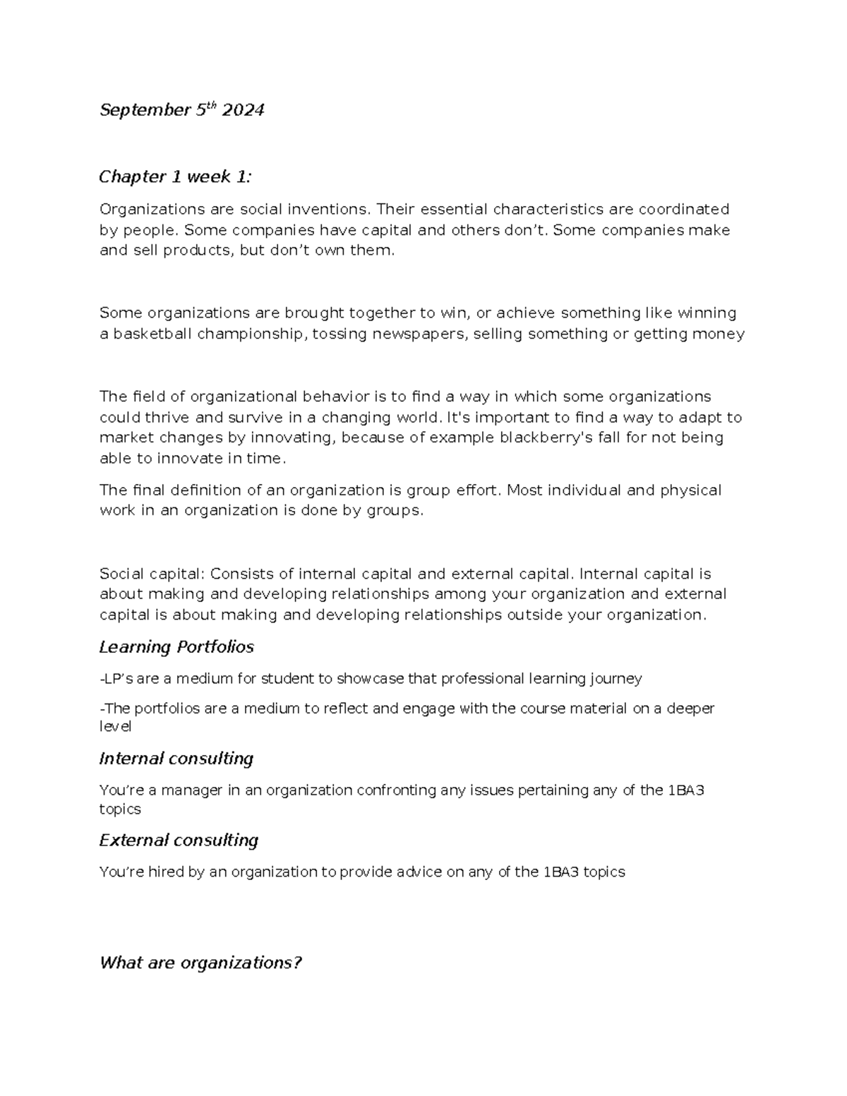 Organisational Behaviour 1BA3 notes - September 5th 2024 Chapter 1 week ...