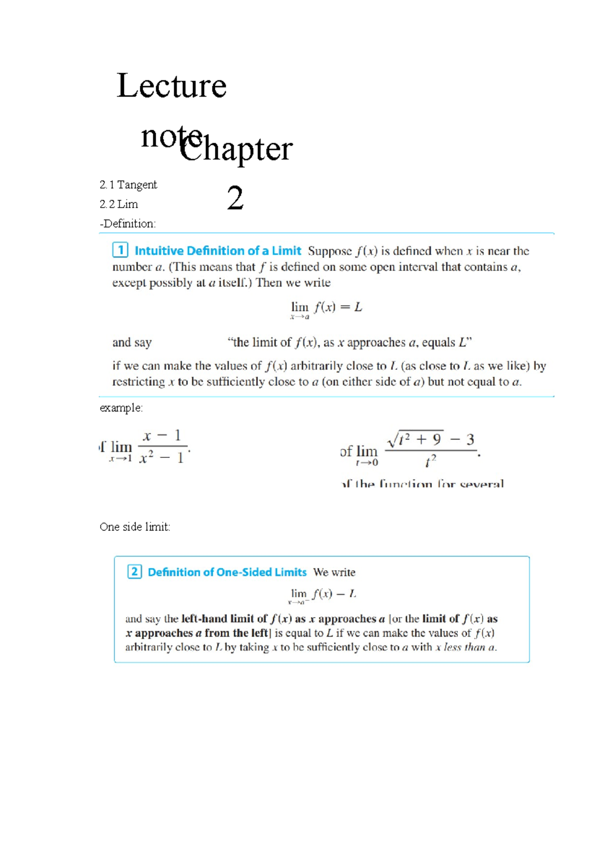 Calculus Outline - Helpful - 2 Tangent 2 Lim -definition: Example: One 