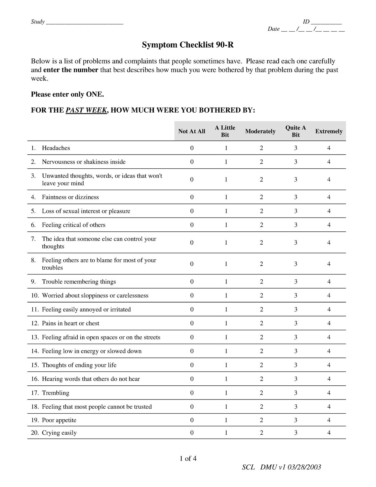 90 symptoms checklist - Psicologia - Date __ __ /__ __ /__ __ __ __ 1 ...