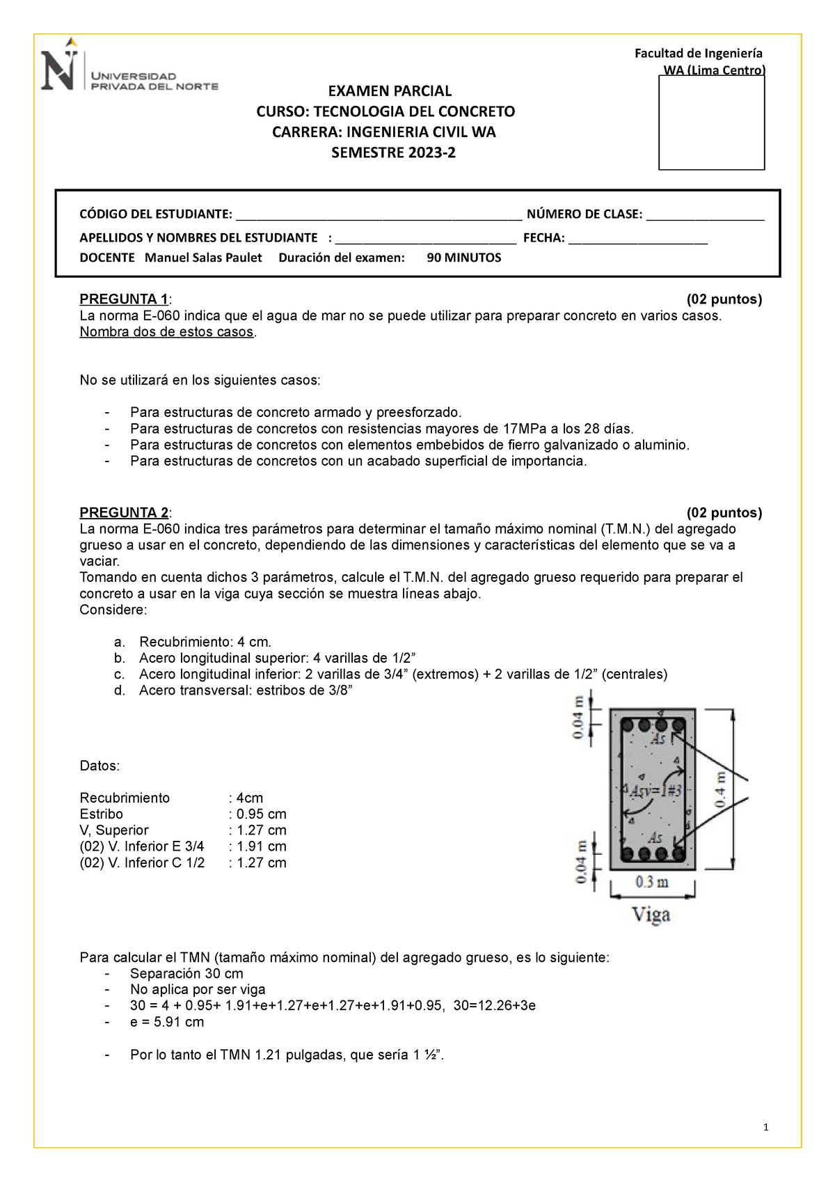 Examen Parcial - Tecnologia DEL Concreto 2023 2 - WA (Lima Centro ...