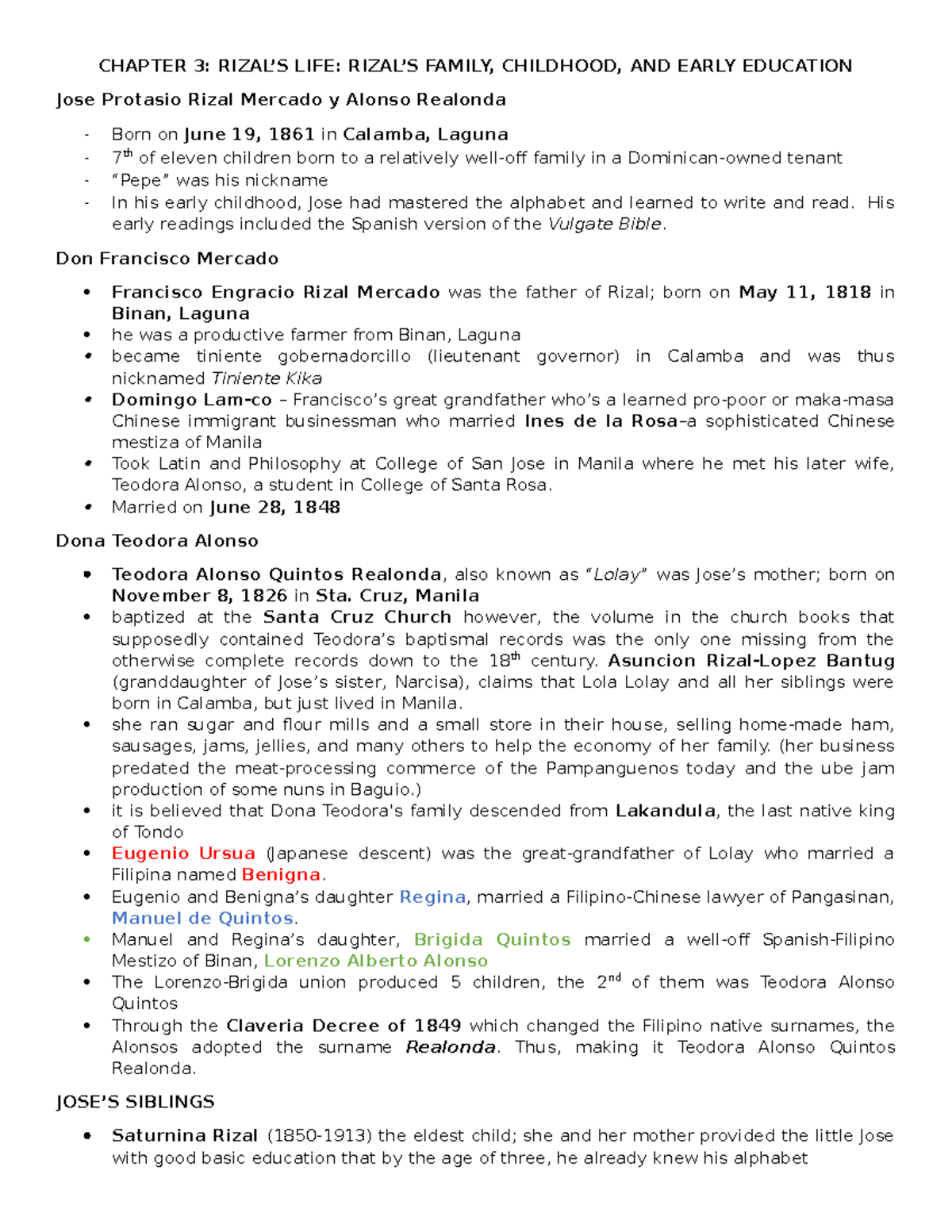 Lecture Notes 3 - CHAPTER 3: RIZAL’S LIFE: RIZAL’S FAMILY, CHILDHOOD ...