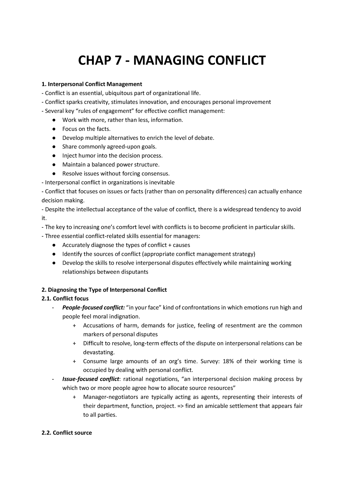 CHAP 7 - Managing Conflict - CHAP 7 - MANAGING CONFLICT Interpersonal ...