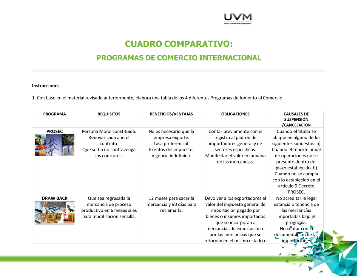 Actividad Cuadro Comparativo Programas De Comercio Internacional Cuadro Comparativo