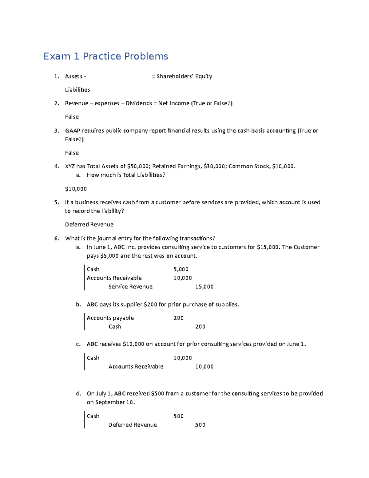 Exam 1 Practice Problems with Solutions - Exam 1 Practice Problems ...