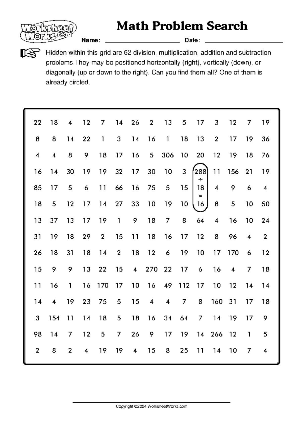 Worksheet Works Math Problem Search 1 - V Hidden within this grid are ...