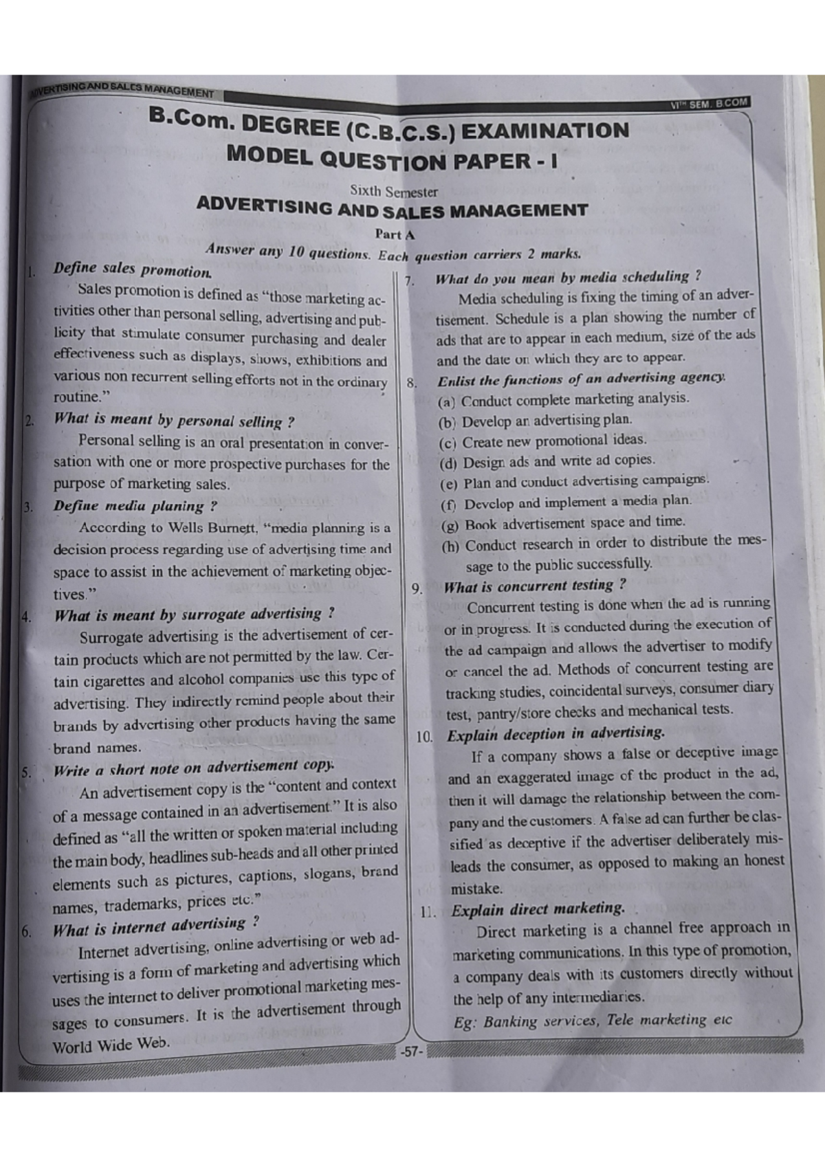 Model Q paper 2 Advertisement and Sales management - Studocu