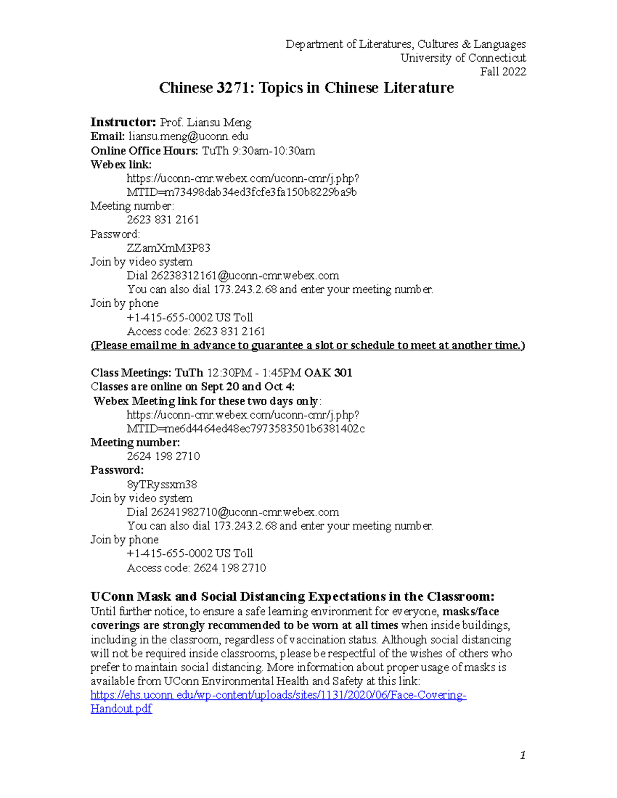 CHIN 3271 Syllabus 2022 - University of Connecticut Fall 2022 Chinese ...