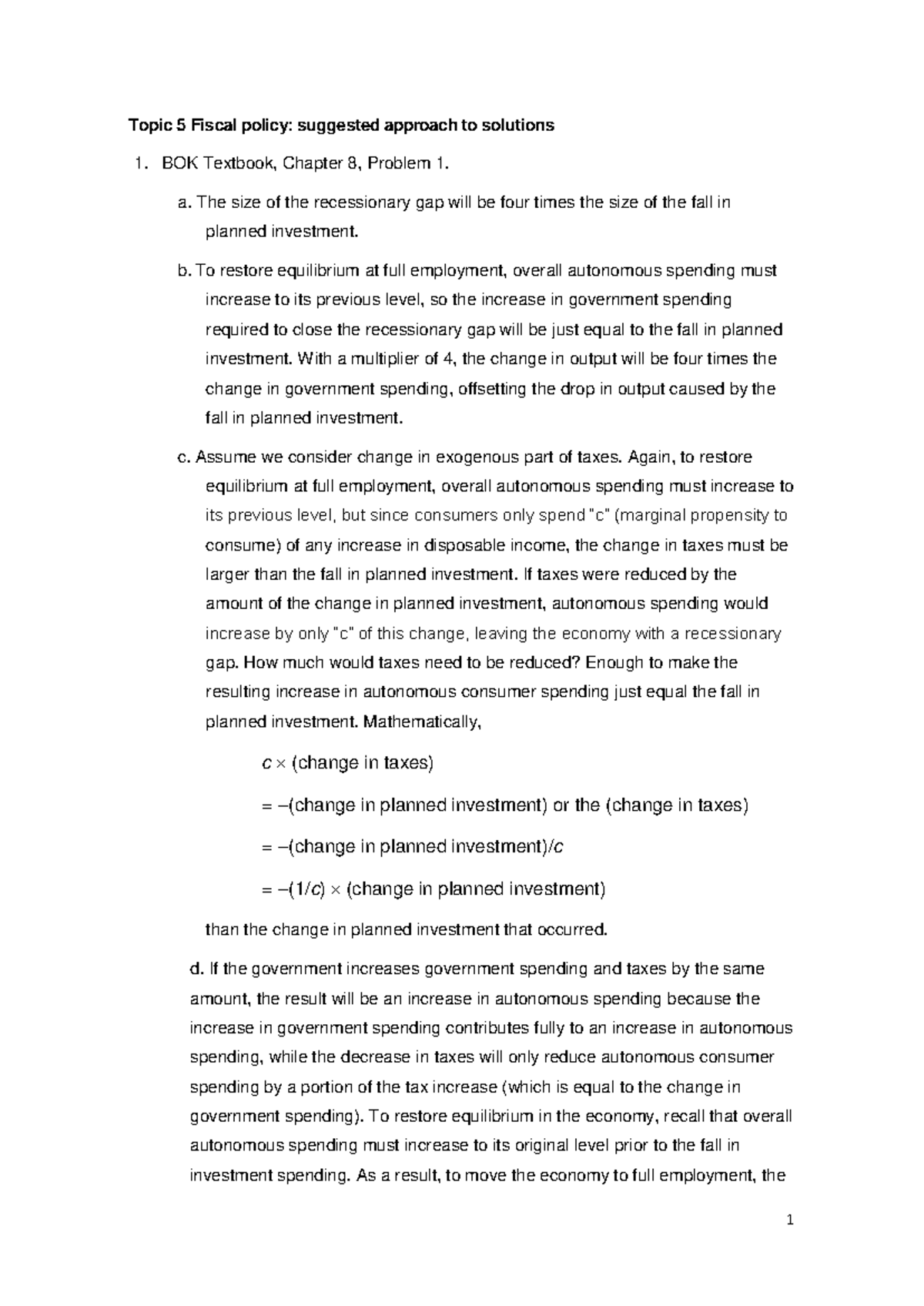 Topic 5 Fiscal Policy Solutions - 1 Topic 5 Fiscal Policy: Suggested ...