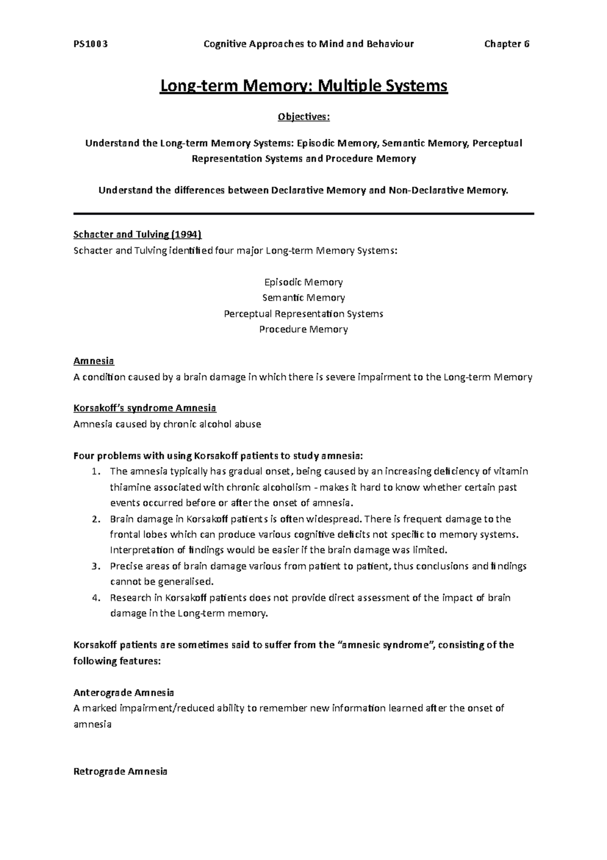 LTM - Multiple Systems - Lecture notes 3 - Long-term Memory: Multiple ...