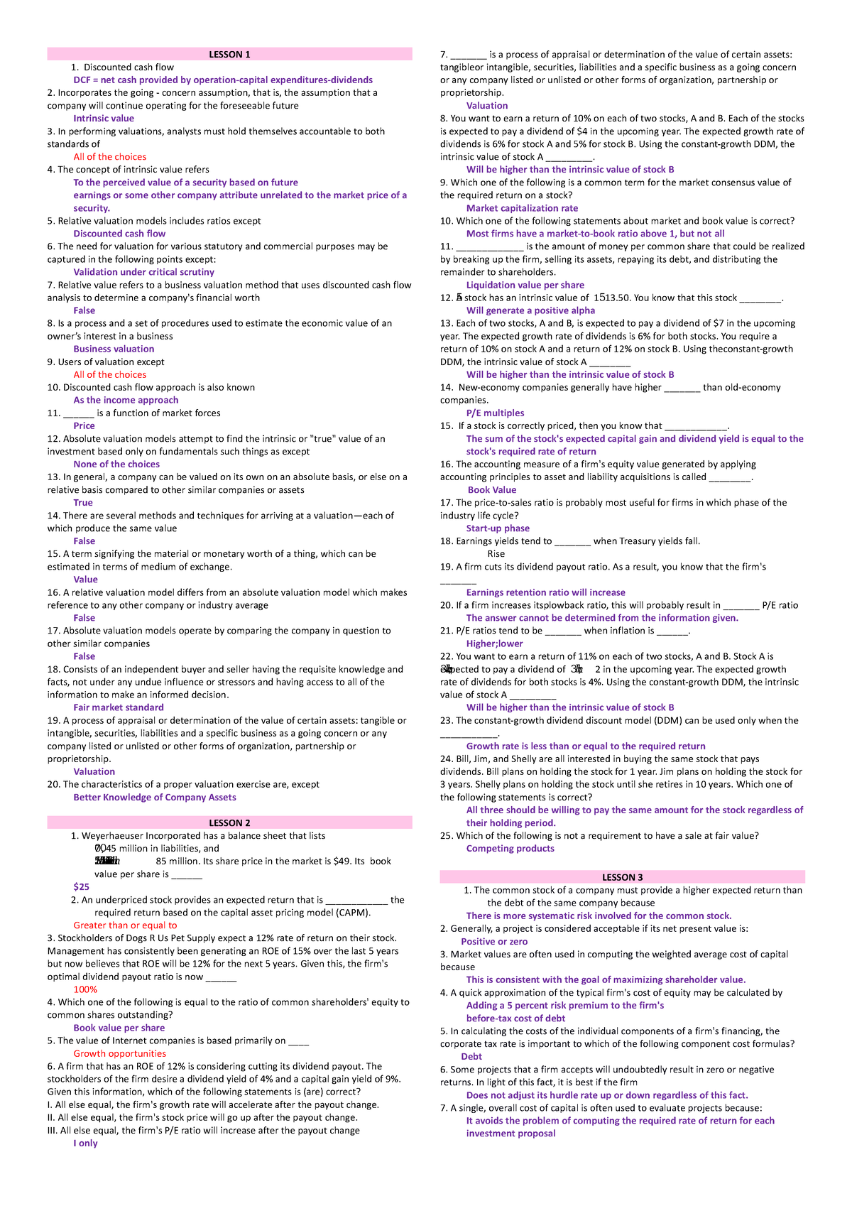 learning assessments - LESSON 1 Discounted cash flow DCF = net cash ...
