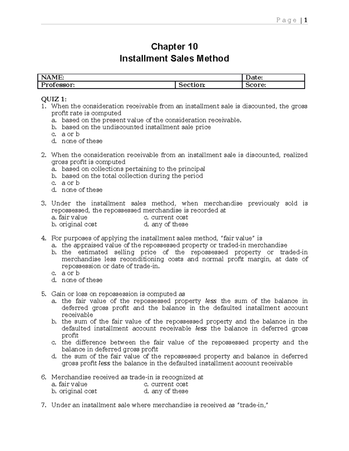 QUIZ Chapter10 Installment Sales Method Chapter 10 Installment