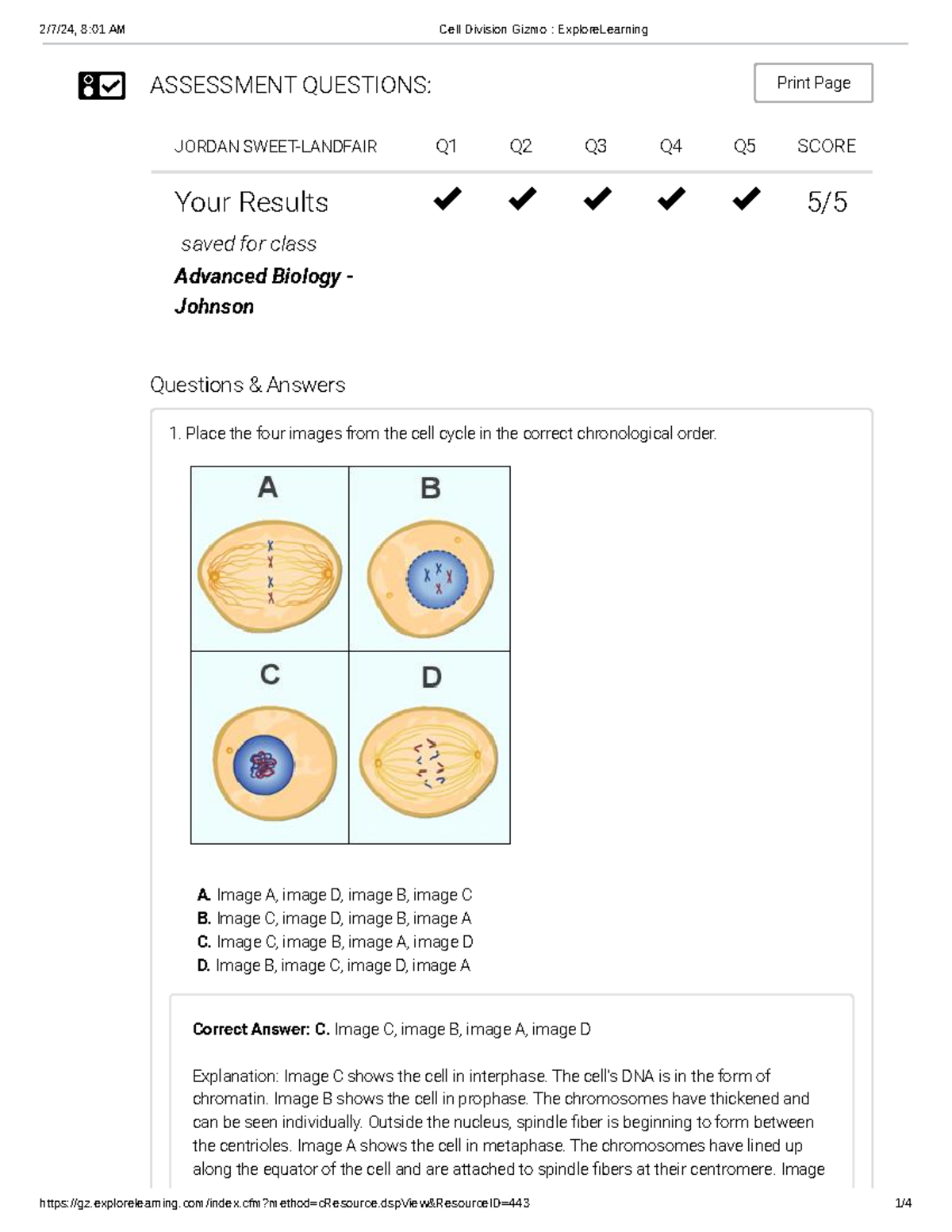 Cell Division Gizmo Explore Learning Assessment Questions Print Page Jordan Sweet Landfair Q1 8259