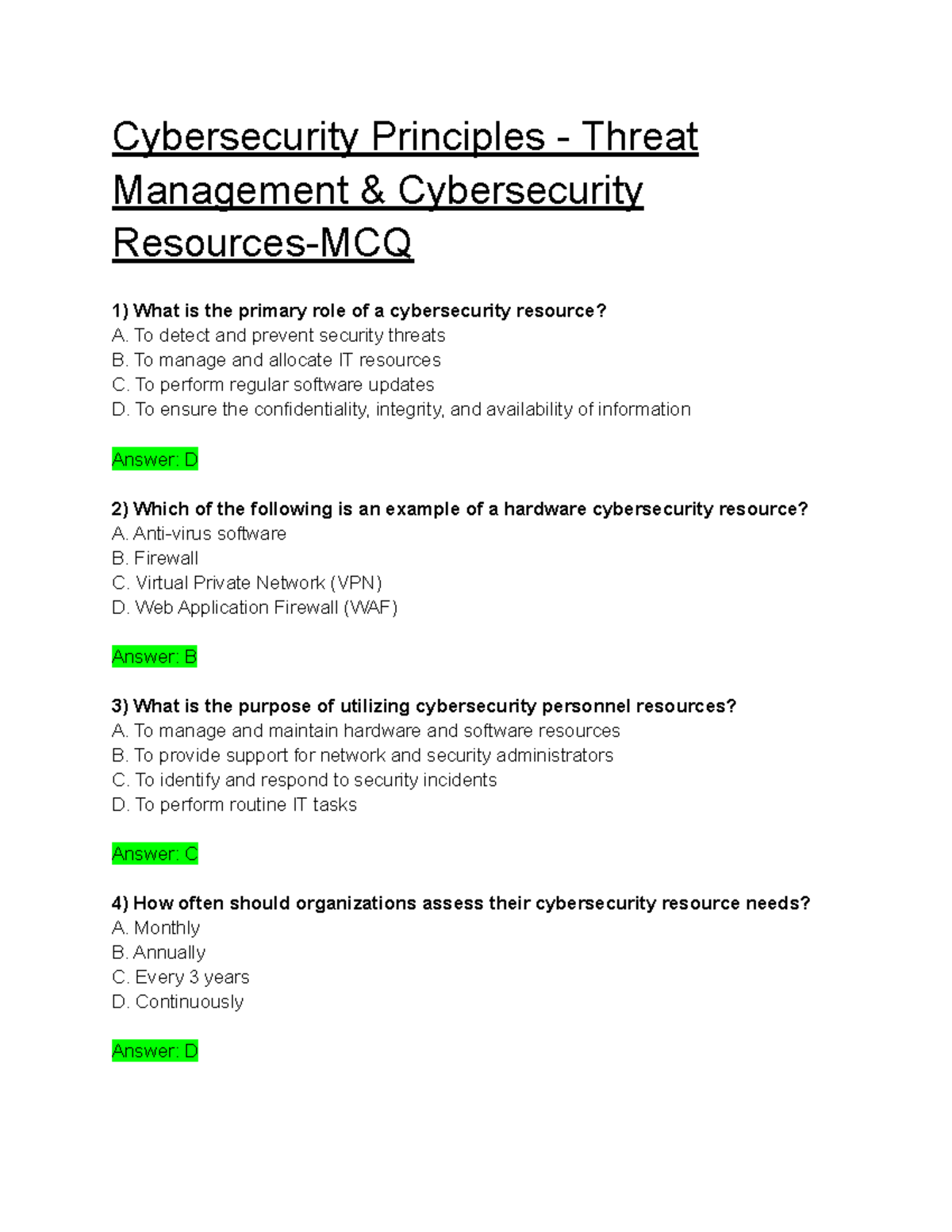 Cybersecurity Resource - MCQ - Cybersecurity Principles - Threat ...