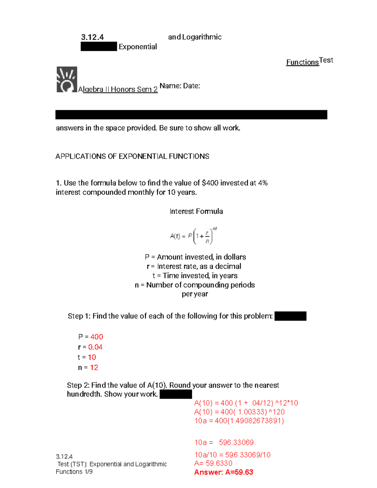 3.12.4 Test (TST) Exponential and Logarithmic Functions (Test) 3