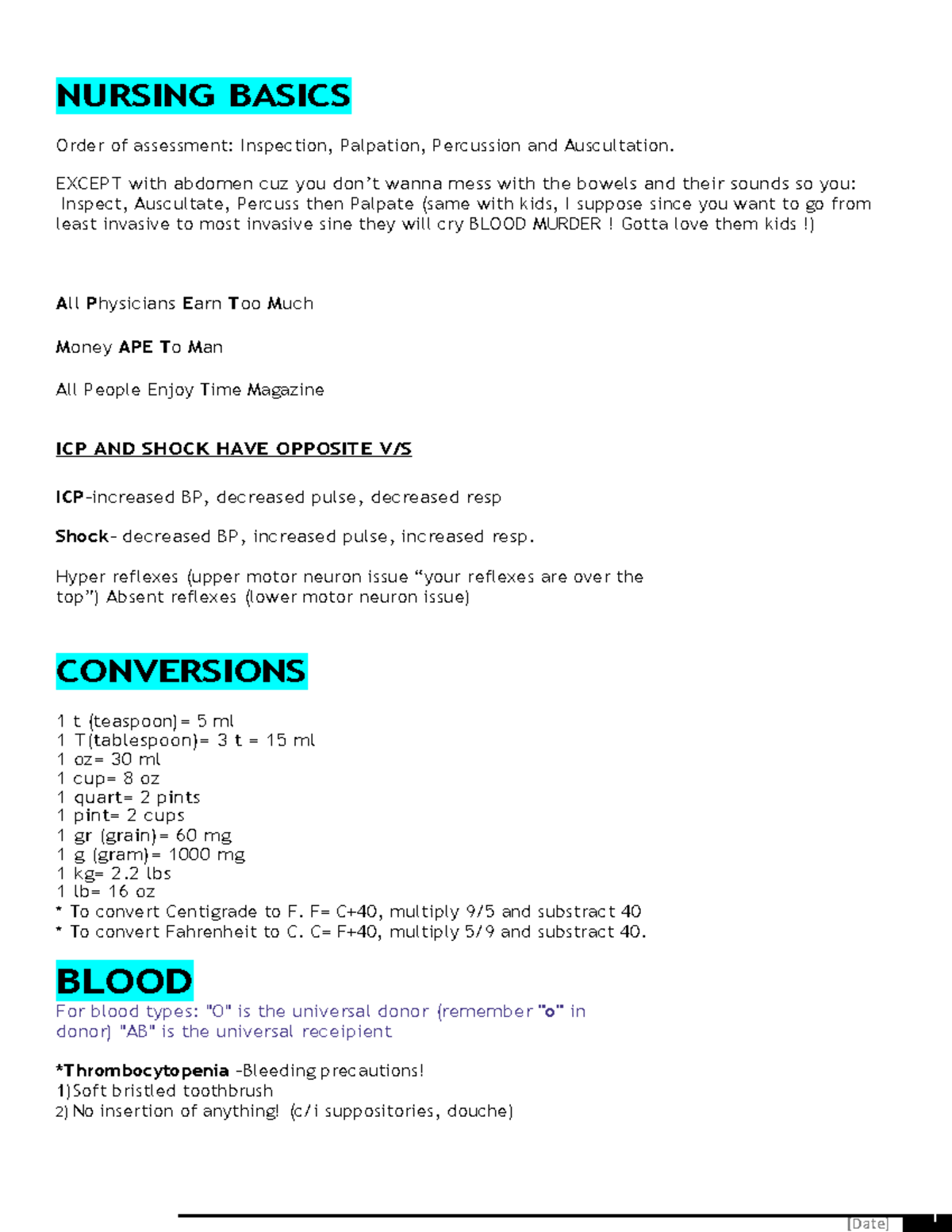 Nclex Study Guide [Date] NURSING BASICS Order of assessment