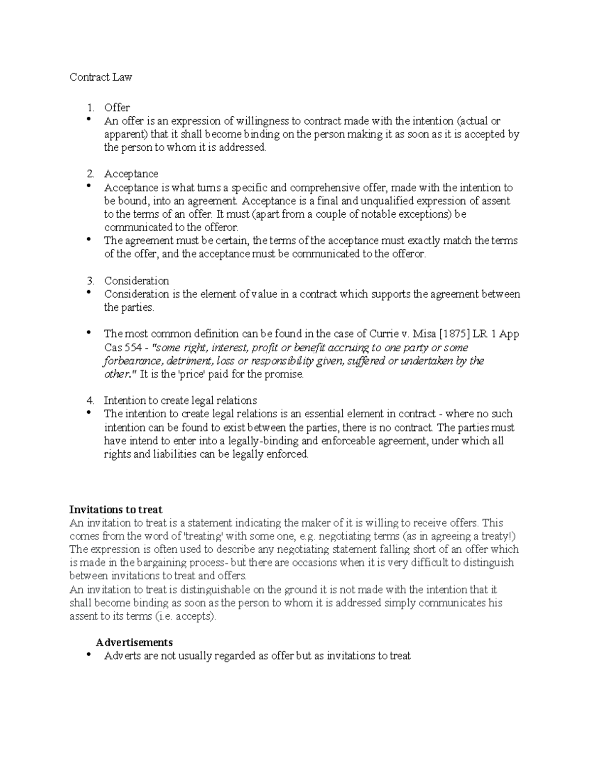 Notes for exam - Contract Law 1. Offer An offer is an expression of ...