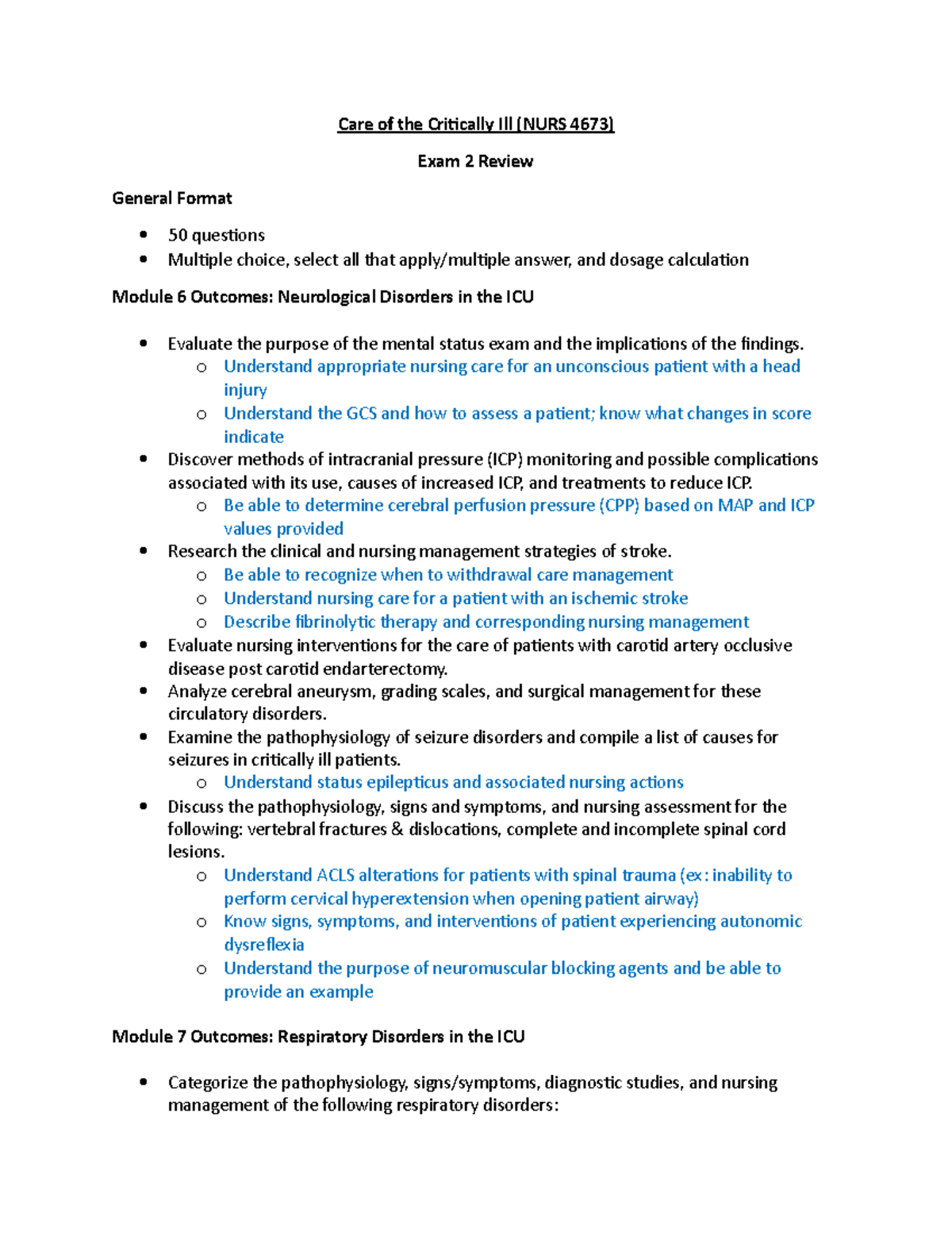 Critical Care Exam 2 Review Guide - Care of the Critically Ill (NURS ...