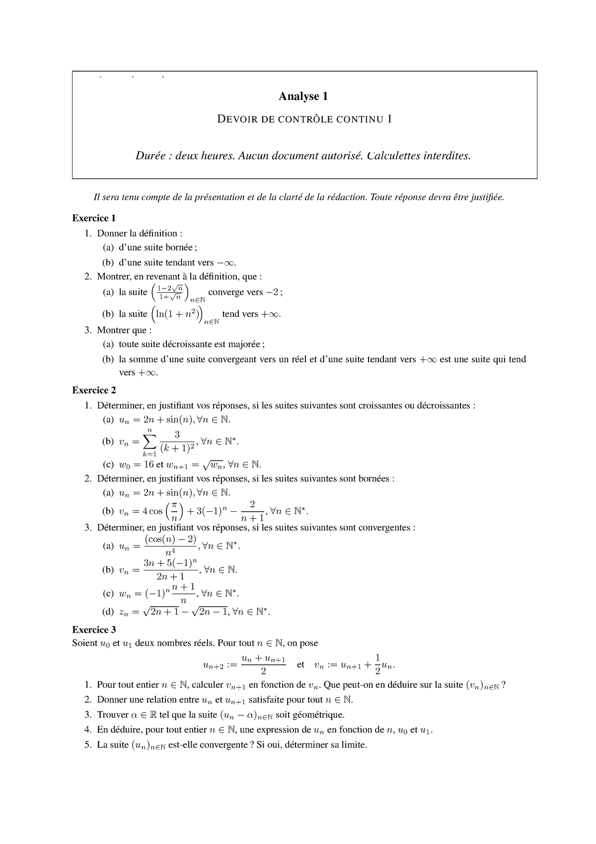 Analyse 1 Examen 4 - Aix-Marseille Université - Analyse 1 DEVOIR DE ...