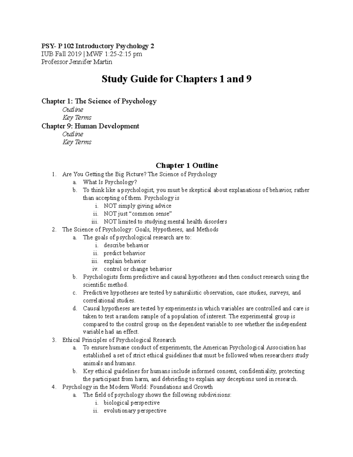 Quiz 1 Study Guide (Chapter 1 and Chapter 9) - PSY- P 102 Introductory ...