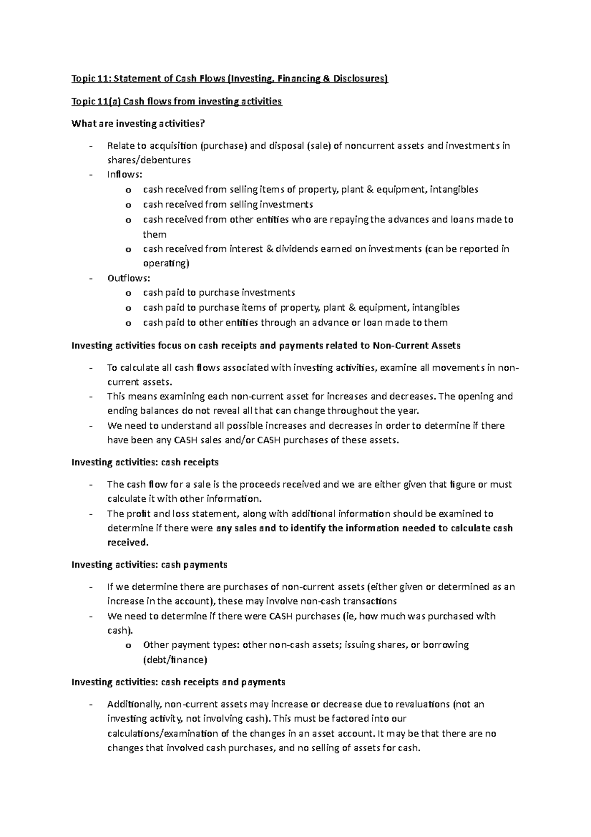 Topic 11 Lecture notes - Topic 11: Statement of Cash Flows (Investing ...