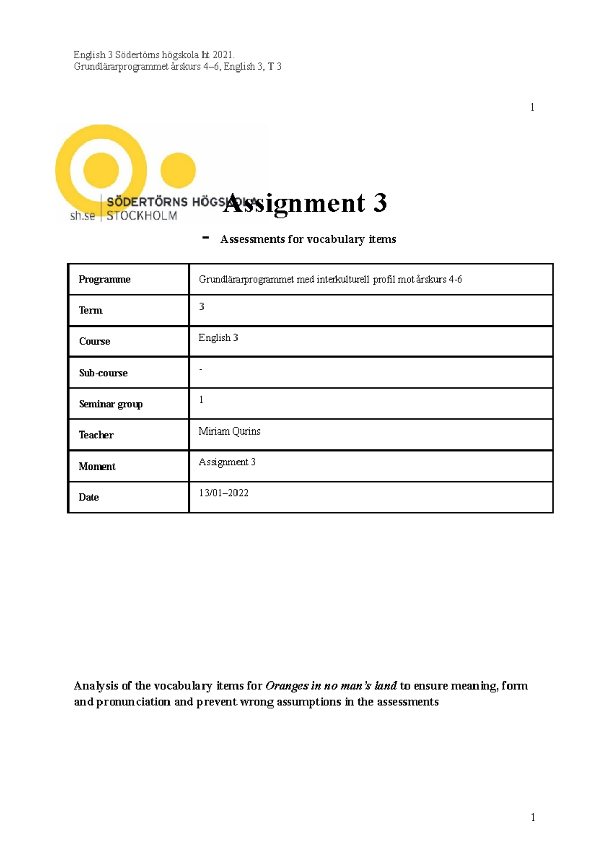 Assignment 3 lesson plan, analysis of the vocabulary items ...