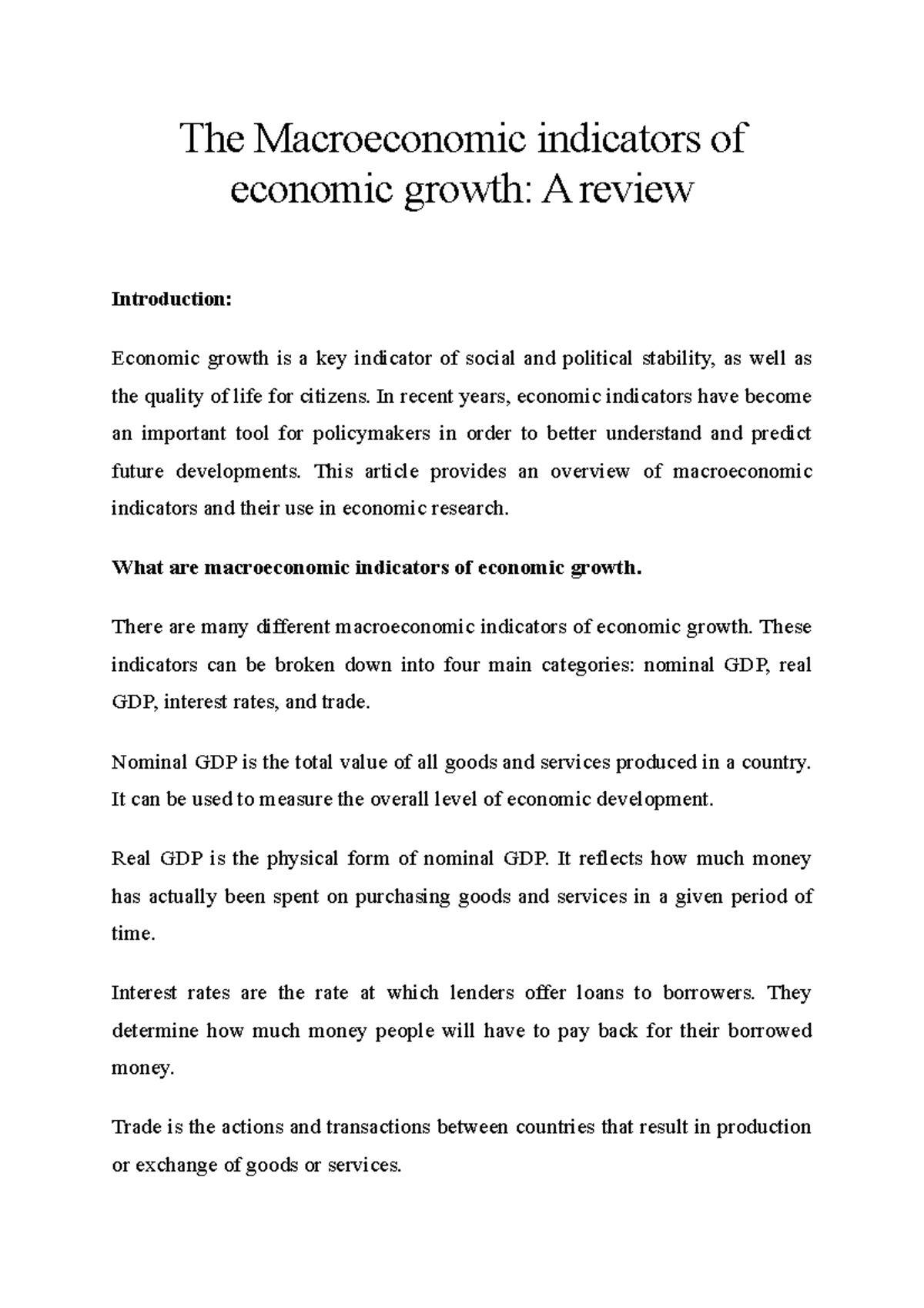 The Macroeconomic indicators of economic growth A review The