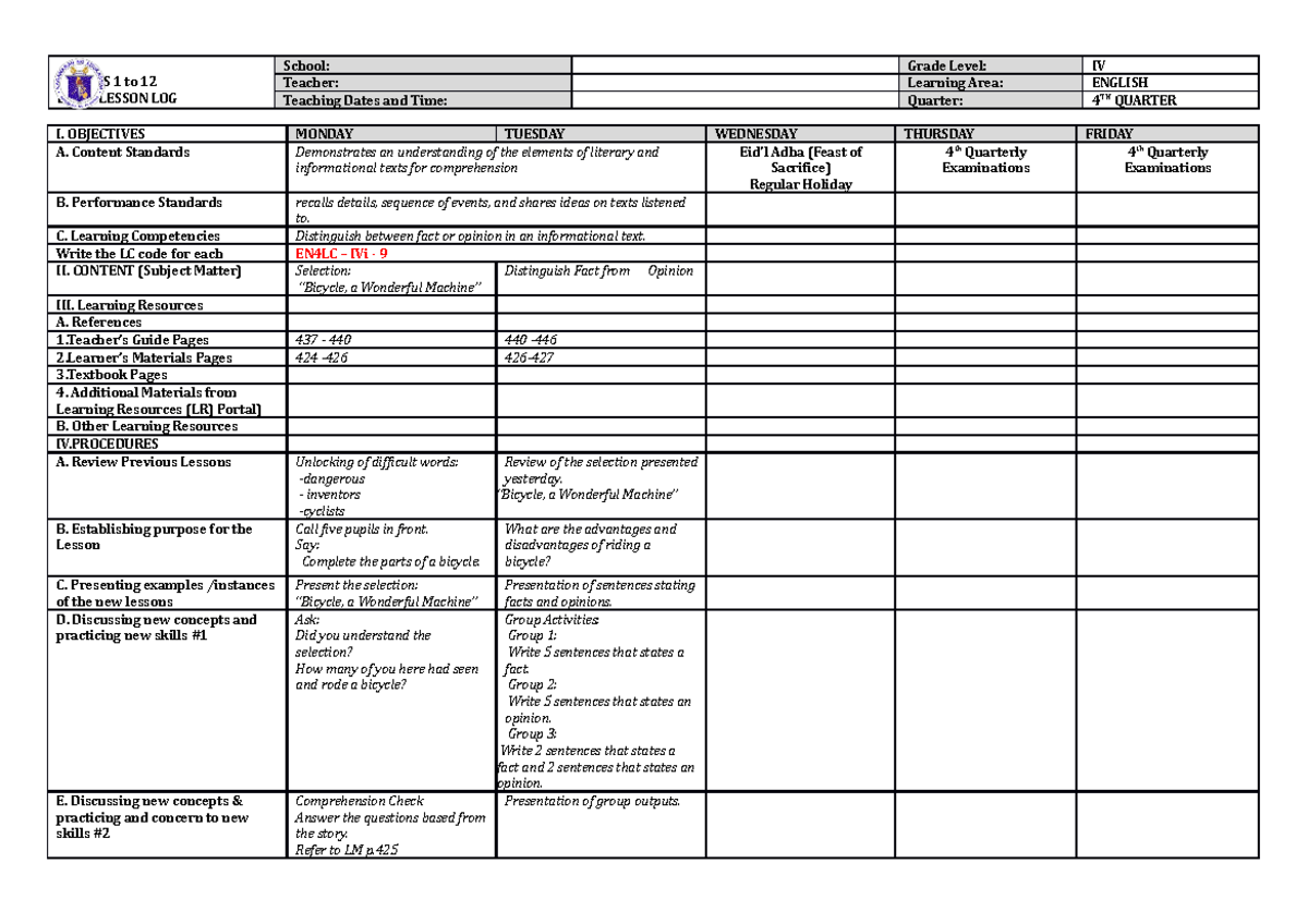 DLL English GRADE IV - GRADES 1 to 12 DAILY LESSON LOG School: Grade ...