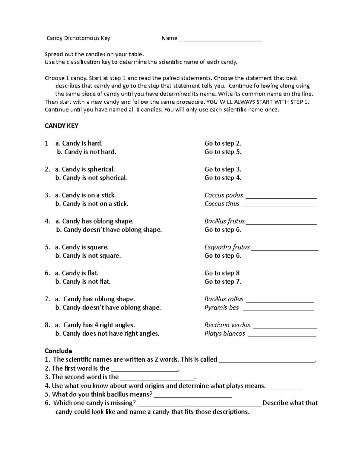 Day 145 candy dichotomous key - Candy Dichotomous Key Name ...