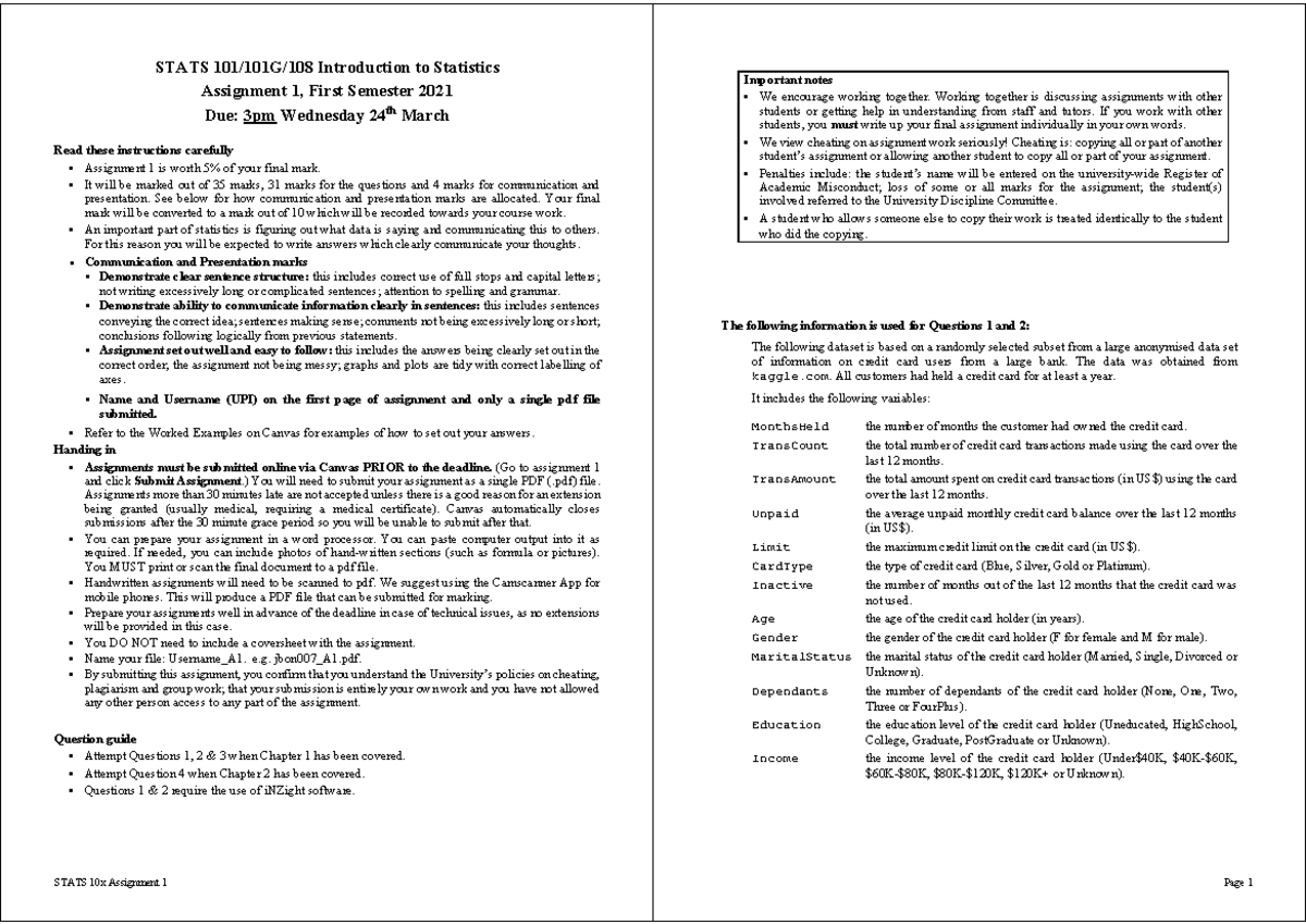 10x A1 S1 2021 - yes - STATS 10x Assignment 1 STATS 101/101G/108 ...