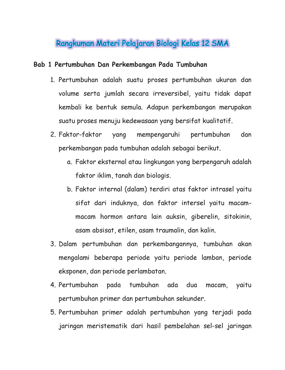 Rangkuman Materi Pelajaran Biologi Kelas 12 Sma - Bab 1 Pertumbuhan Dan ...