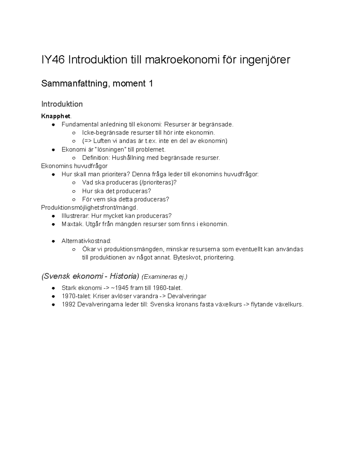 IY46 Makroekonomi Sammanfattning 1 - IY46 Introduktion Till ...