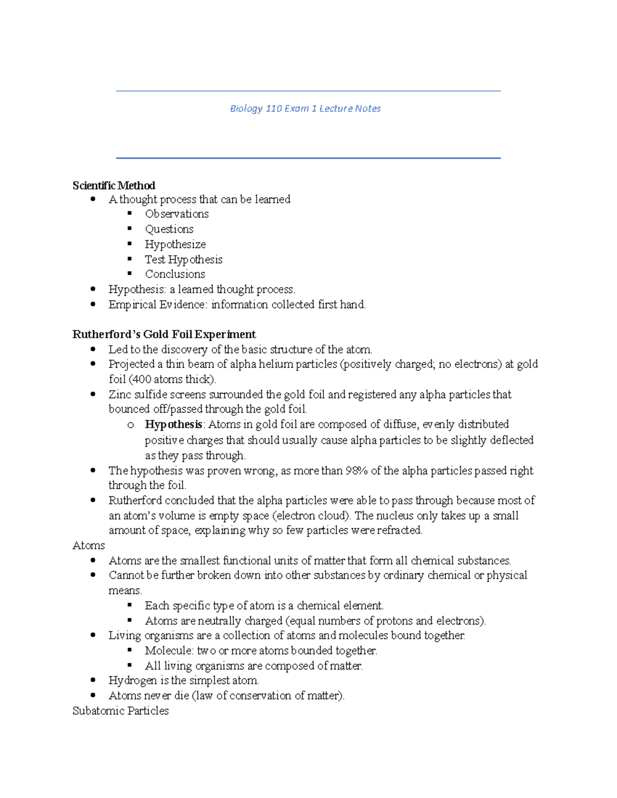 Biology Exam 1 Lecture Notes - Biology 110 Exam 1 Lecture Notes ...