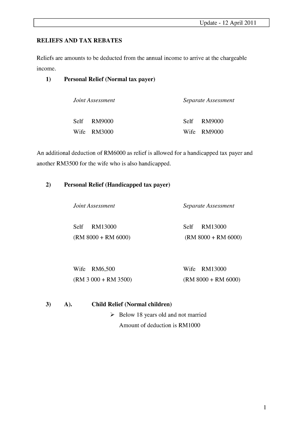 Income Tax Notes RELIEFS AND TAX REBATES Reliefs Are Amounts To Be 