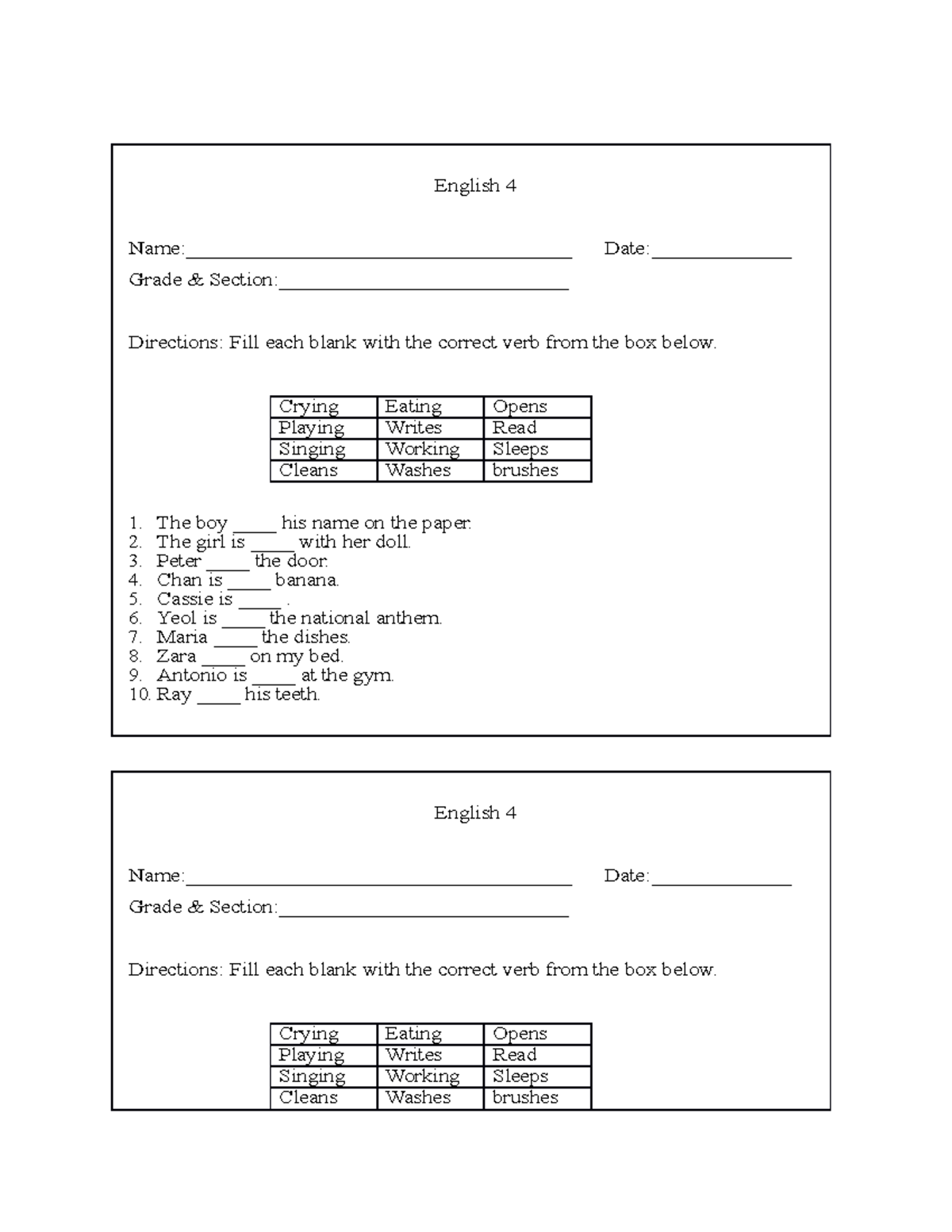 Activity sheet Verb English 4 Name