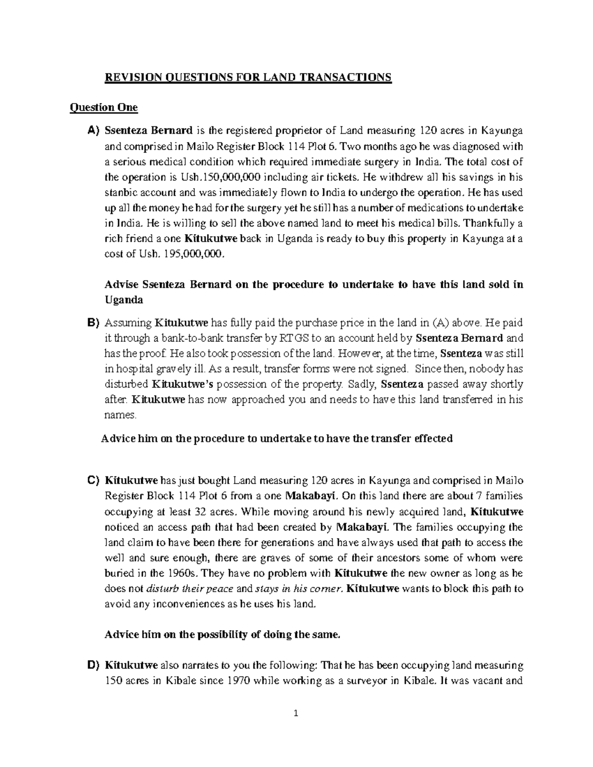 Revision Questions FOR LAND Transactions REVISION QUESTIONS FOR LAND