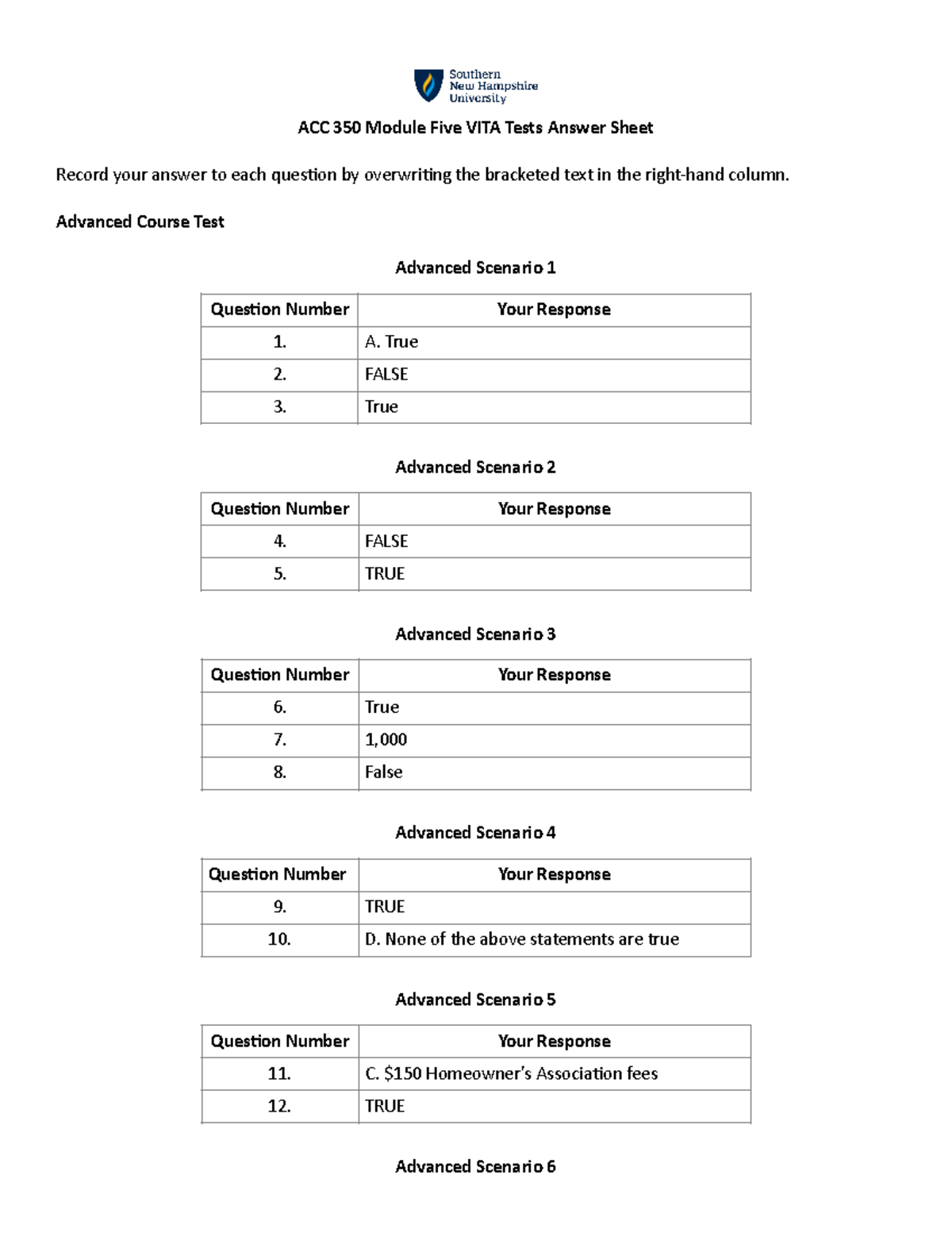 ACC 350 Module Five VITA Tests Answer Sheet Advanced Course Test