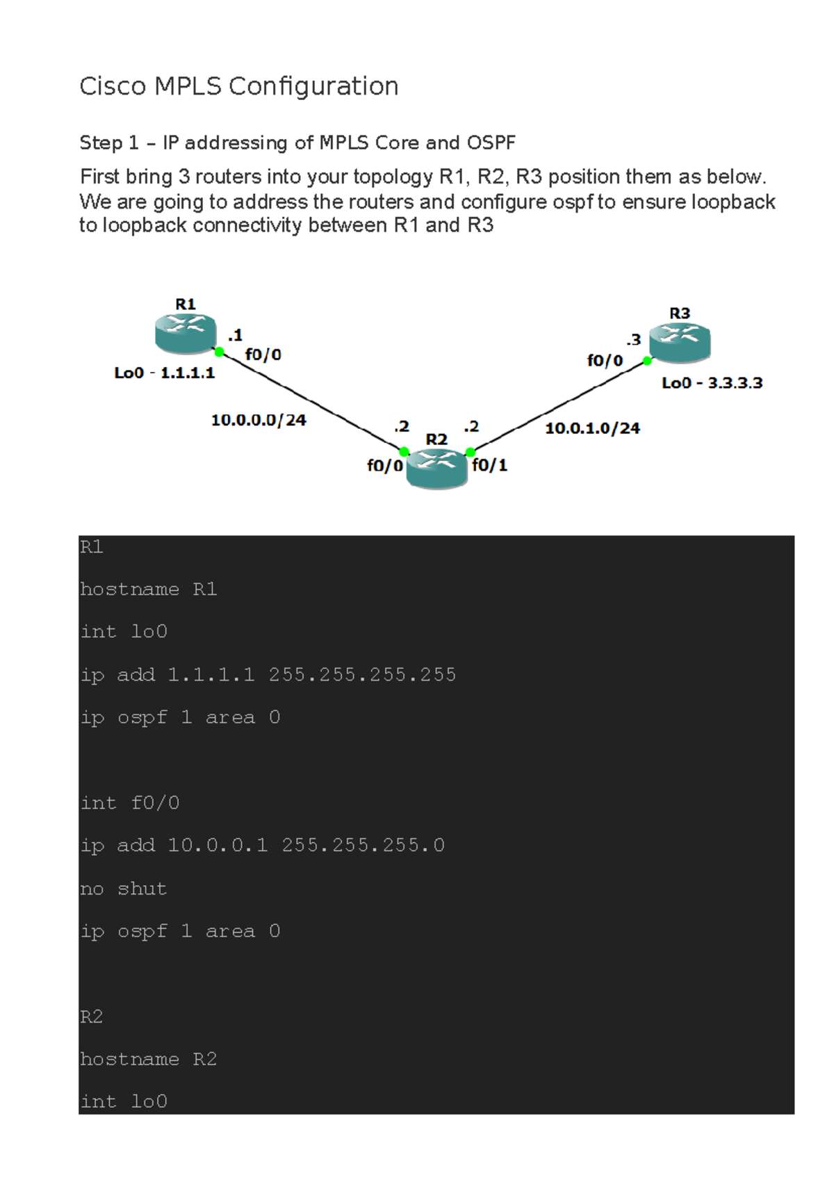 Prac8 Simulating MPLS environment - Cisco MPLS Configuration Step 1 ...