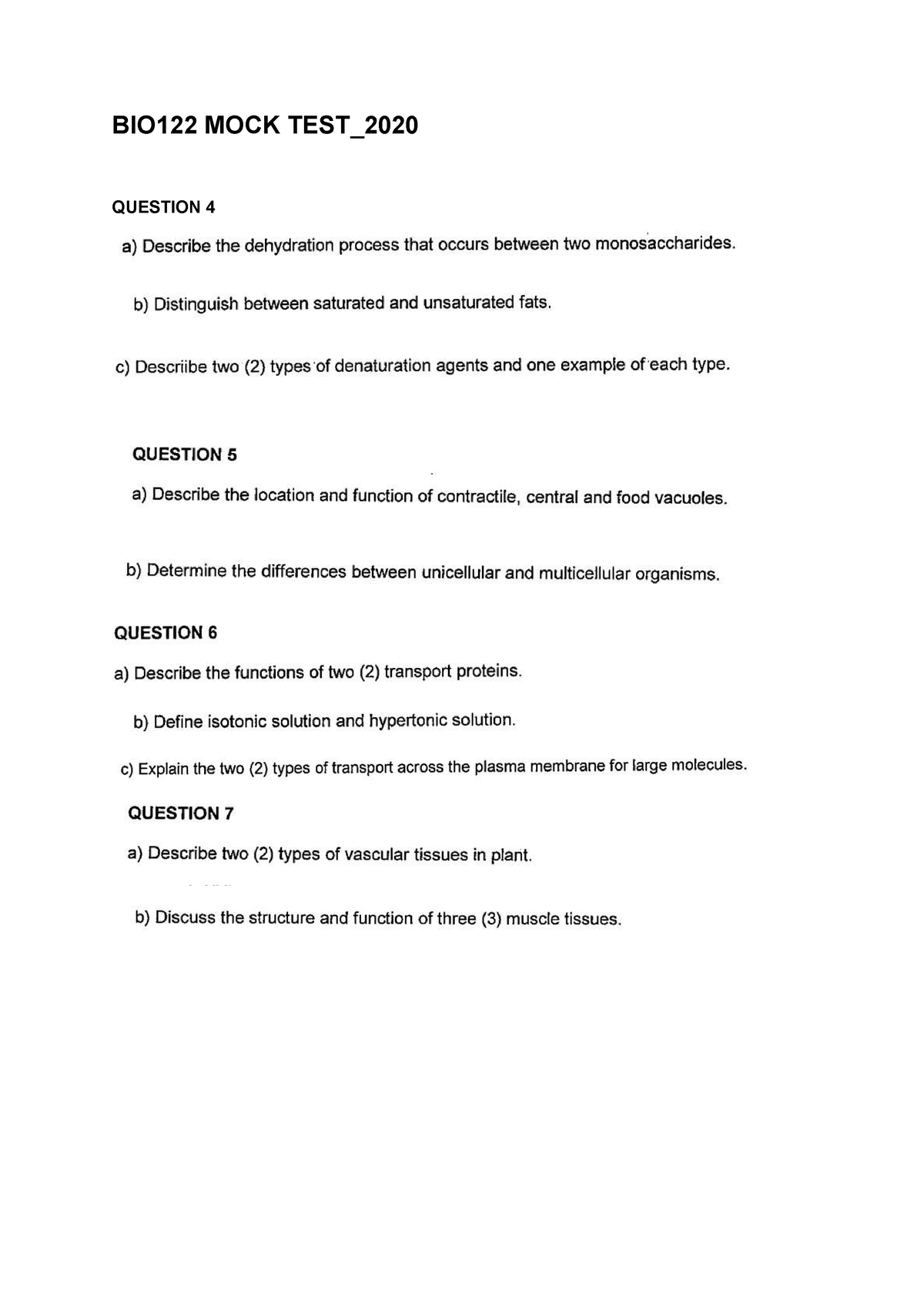 BIO122 MOCK TEST Jan 2023 1 - Applied Science - BIO122 MOCK TEST ...