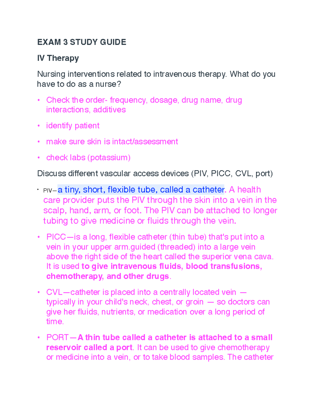 EXAM 3 Study Guide - EXAM 3 STUDY GUIDE IV Therapy Nursing ...