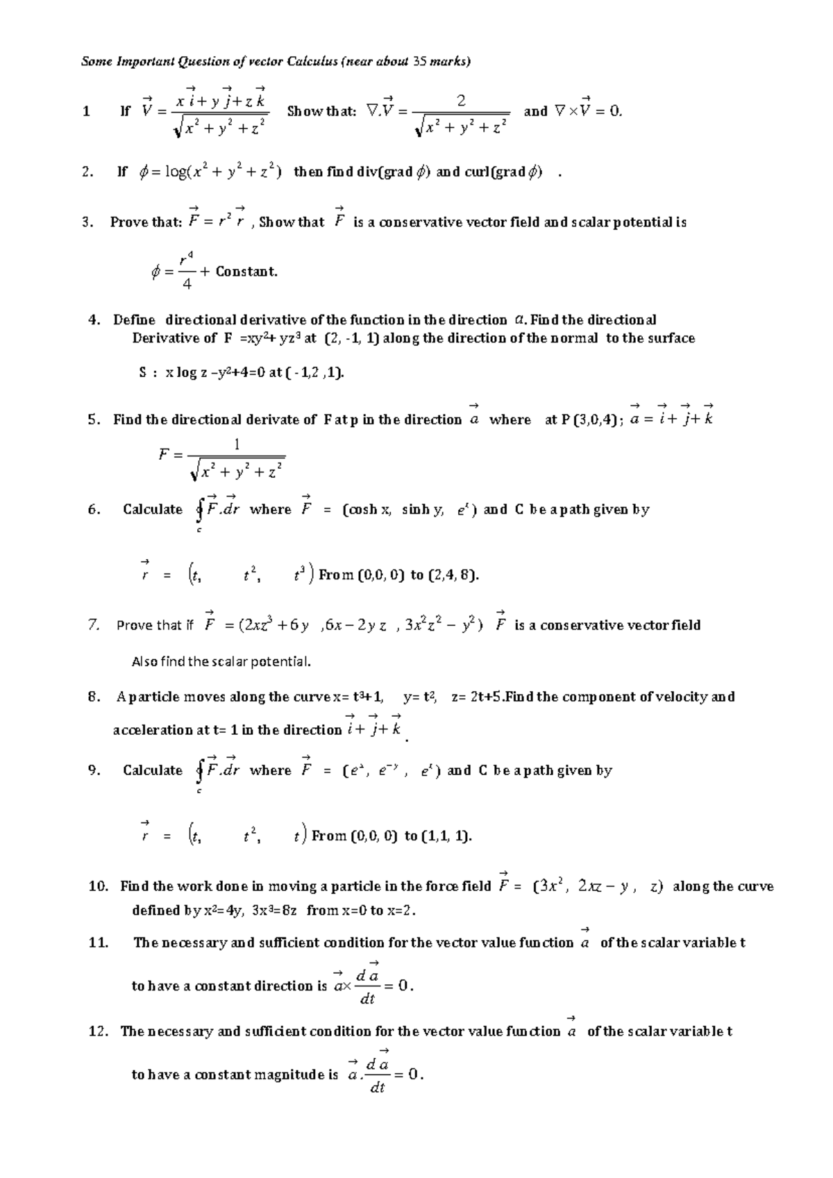 Some Important Question of Vector Calculus - x y z ####### V ...