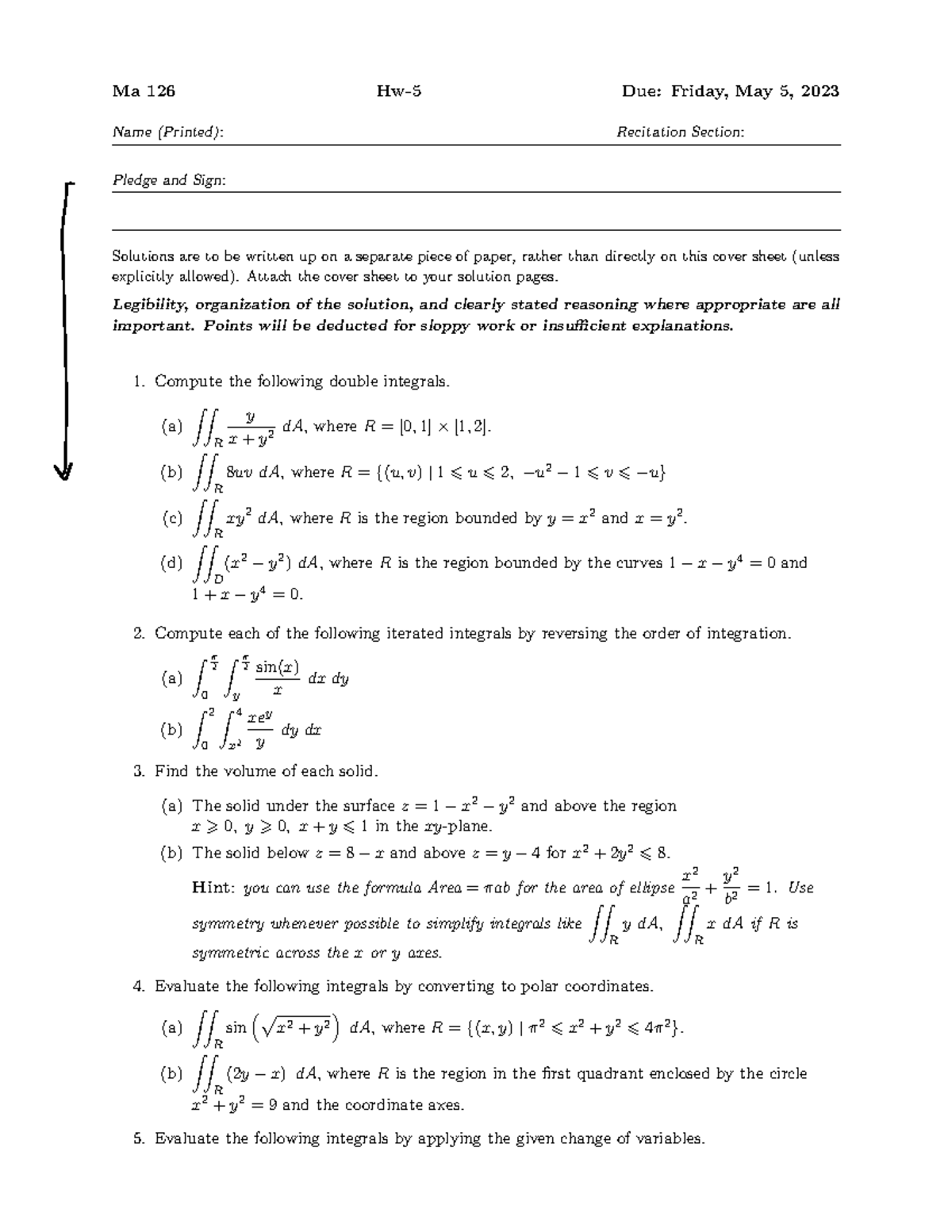 Ma126 22S2 HW5 - Worked out solutions for the homework - Ma 126 Hw-5 ...