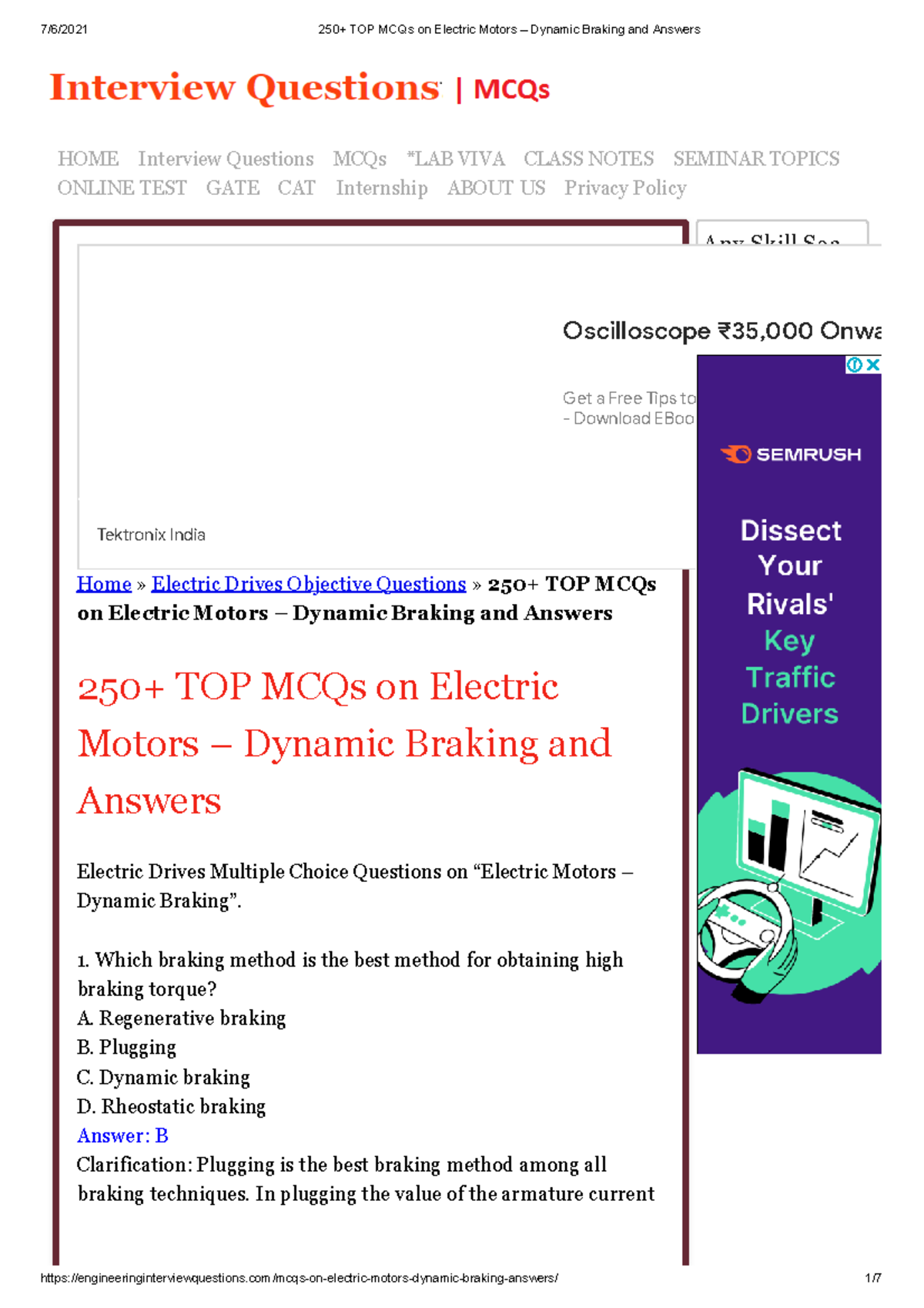 250+ TOP MCQs on Electric Motors Dynamic Braking and Answers Which