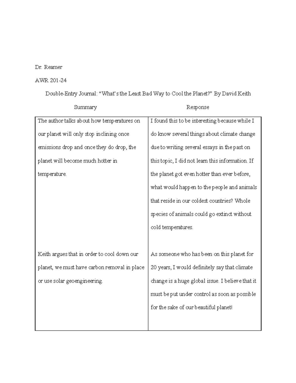 Double entry journal - Dr. Reamer AWR 201- Double-Entry Journal: “What ...