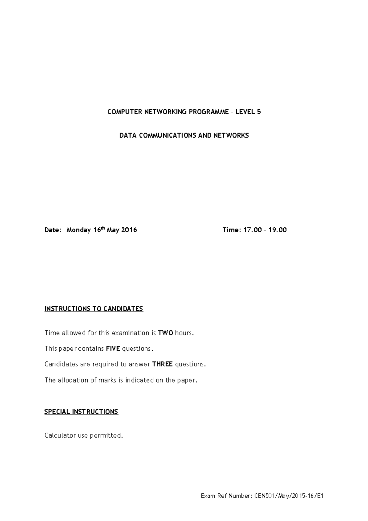 Exam 2015, questions - COMPUTER NETWORKING PROGRAMME – LEVEL 5 DATA ...