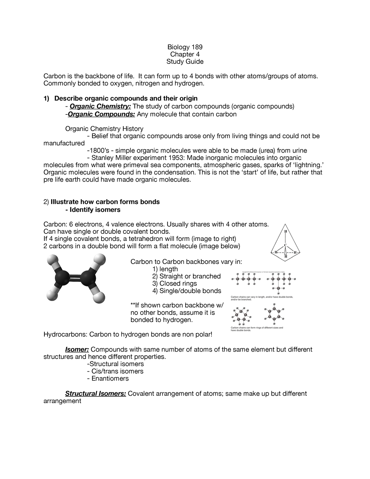 Biol 189 Ch 4 study guide - Biology 189 Chapter 4 Study Guide Carbon is ...