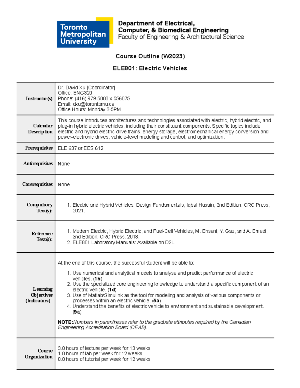 ELE801 course outline - Course Outline (W2023) ELE801: Electric ...