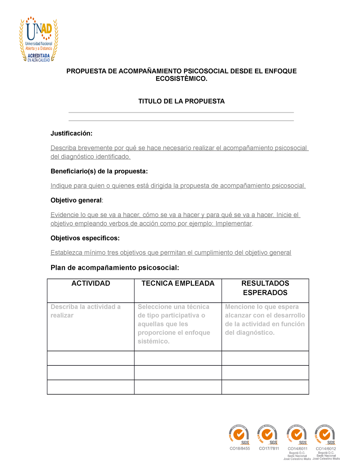 Formato Propuesta DE Acompañamiento Psicosocial - PROPUESTA DE ...